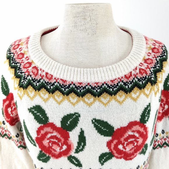 Cable Knit Sweater Nordic Ski Women M White Red - Picture 2 of 7